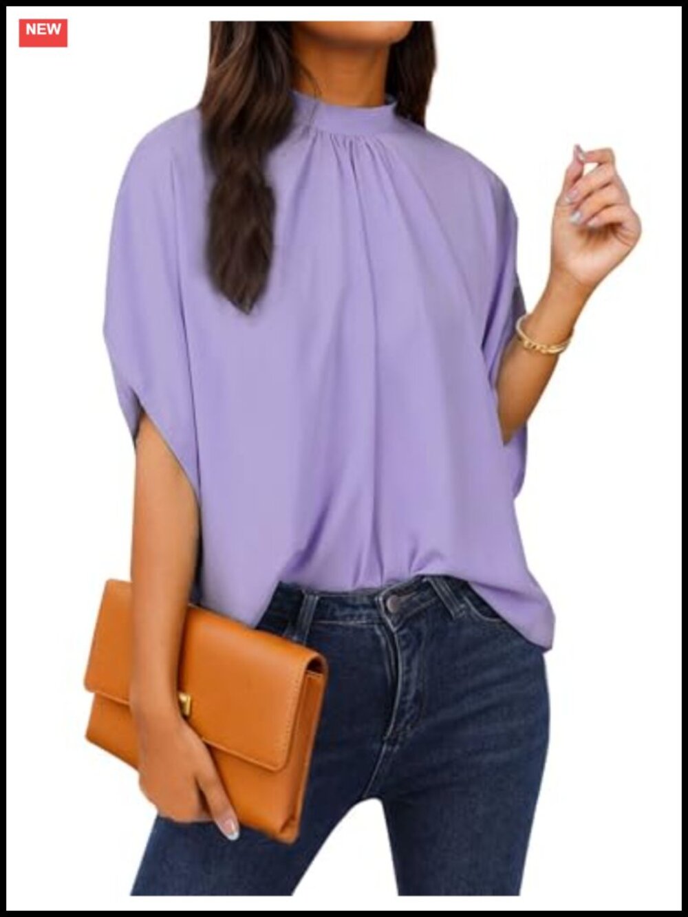 Womens Mock Neck Batwing Sleeve Tunic Blouse Tie Back Polyester Top